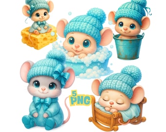 Baby Mouse Clipart Set, Cartoon Animal PNG, Nursery Art (Digital Download)