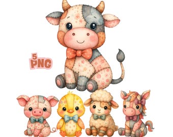 Farm Animals Clipart Set: Cow, Chick, Sheep, Pig, Horse (Digital Download)