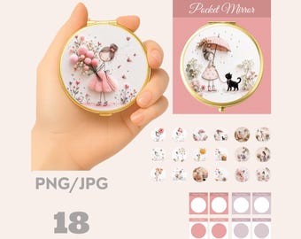 Watercolor Pocket Mirror Designs, 18 Illustrations (Digital Download)