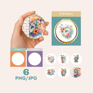 May include: A gold-toned pocket mirror with a watercolor cat design, featuring a cat's face with blue eyes, flowers, and butterflies. The image includes additional design options and the text "Pocket Mirror" and "6 PNG/JPG".