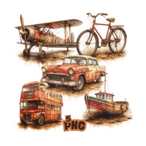 May include: Watercolor illustration of vintage transportation vehicles, including a biplane, bicycle, classic car, double-decker bus, and fishing boat. The vehicles are painted in shades of red, brown, and beige, with a distressed, aged appearance.