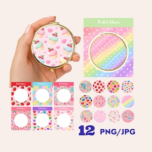 May include: A gold-colored, round pocket mirror with a cupcake design, held by a hand. The mirror is surrounded by various colorful designs, including strawberries, hearts, and rainbows. The text "Pocket Mirror" is visible.