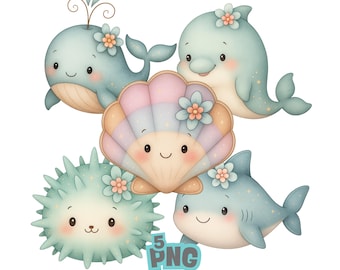 Kawaii Sea Animals Clipart: Whale, Dolphin, Shark, Seashell (Digital Download)