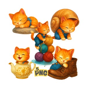 Peut inclure: Illustration numérique de cinq chatons roux dans diverses poses. Un chaton dort sur un rocher, un autre équilibre des pelotes de laine, et un troisième est dans une théière. L'image comprend le texte "5 PNG".