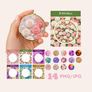Pode incluir: Um espelho de bolso redondo e dourado com um design floral de rosas rosa e brancas e pérolas. A imagem também mostra vários designs florais, incluindo margaridas e rosas, e o texto "Pocket Mirror" e "14 PNG/JPG."