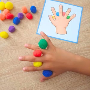 Tarjetas para emparejar pompones, actividad para desarrollar la motricidad fina en preescolar, aprendizaje en jardín de infantes