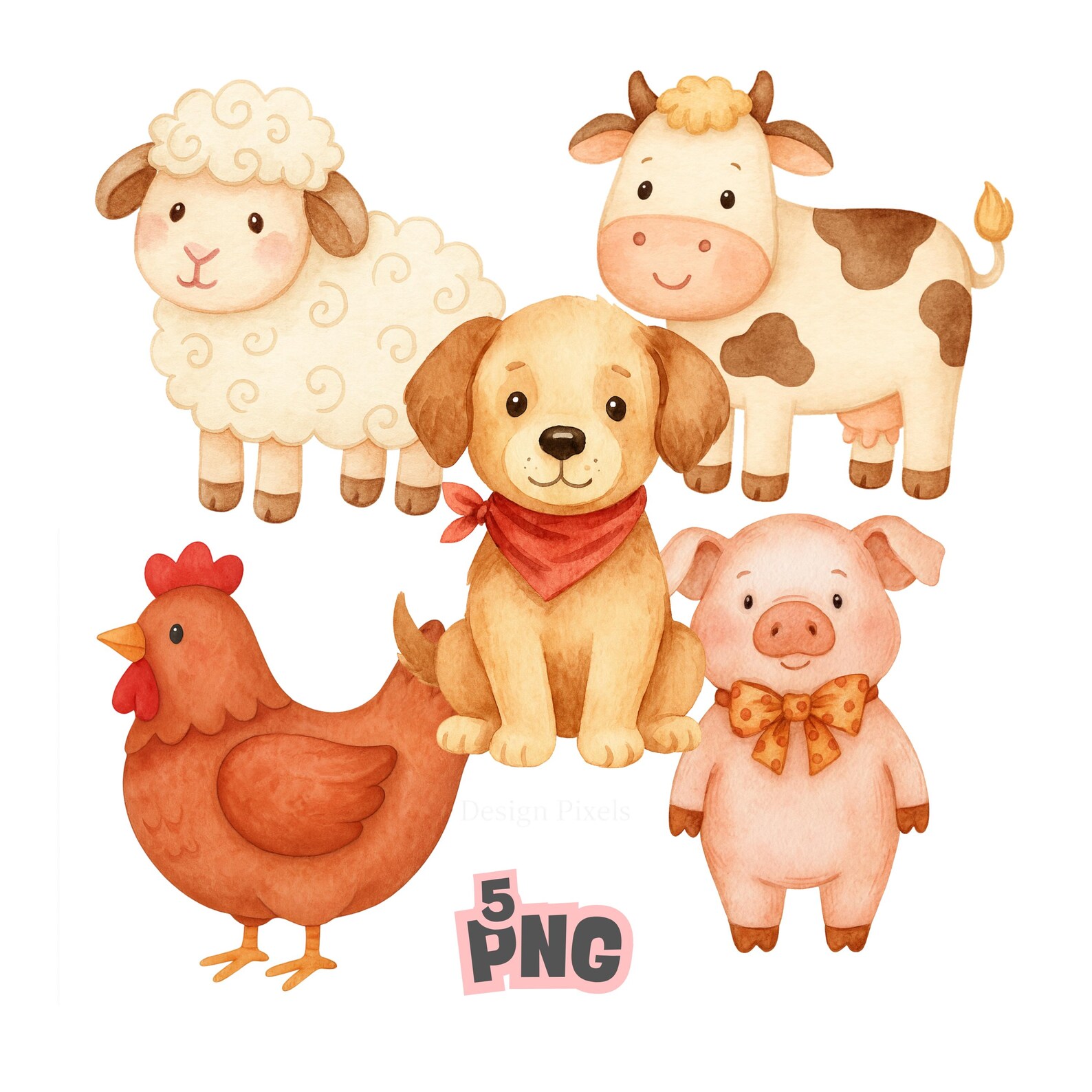 Farm Animals Clipart Set | Watercolor Bear Farmer, Red Windmill, Barn ...