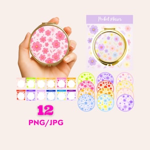 May include: A gold-toned, round pocket mirror with a pink floral design, held in a hand. The mirror is open, revealing a reflective surface. Additional mirrors with floral patterns and colorful frames are displayed, along with the text "12 PNG/JPG".