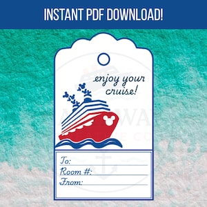 Peut inclure: Une étiquette blanche sur le thème de la croisière avec une illustration de bateau de croisière rouge et bleu et le texte "enjoy your cruise!". Comprend un espace pour écrire "To", "Room #" et "From". L'étiquette est bordée de bleu.