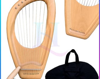 10 String Lyre Harp | Mini Wooden Folk Instrument | Handcrafted Ancient Style Harp | Celtic Biblical Music Gift | Red cedar wood