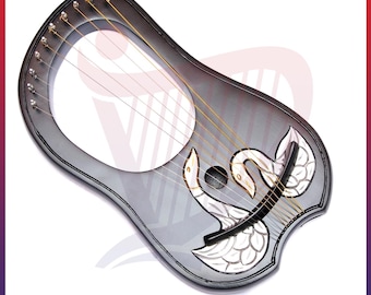 NEW 10-String Lyre Harp | Solid Rosewood | Hand Engraved Duck Design in Gold & Silver | Metal Strings | Black finish