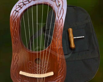 10 String Rosewood Lyre Harp | Handcrafted Celtic Style Instrument | Traditional Folk Music Gift | Lyra Harp for Beginners & Professionals