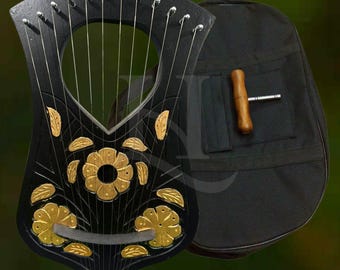 12 String Lyre Harp Love Heart Design Black Gold Handcrafted Rosewood Lyra Celtic Folk Musical Instrument for Worship Healing & Gifts