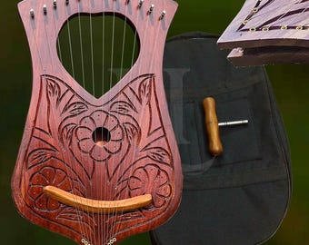 12 String Lyre Harp Love Heart Design | Handcrafted Rosewood Lyra Celtic Folk Musical Instrument for Worship Healing & Gifts