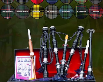 Highland Scottish Black Bagpipe| Full Size Rosewood Bagpipes with Silver Mounts | Handmade with Bag & Accessories | Available in 13+ tartans