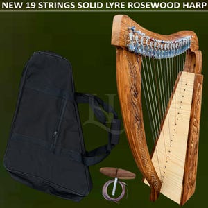 19 String Solid Lyre Harp Handmade Rosewood Celtic Irish Harp | Natural Finish, Hand Carved Folk Instrument with Tuning Key Bag & Strings LH