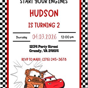 Cars Birthday Party Invitation Template - Printable Invitation - Cars Editable Birthday - Lightning McQueen and Tow Mater