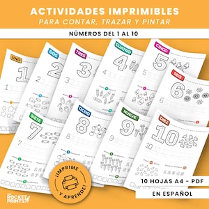 Imprimible educativo en español | Actividades del 1 al 10 para niños | Traza, pinta y aprende | PDF para preescolar