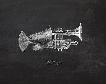 Vintage Fish Trumpet on Chalkboard Print 8x10 P128