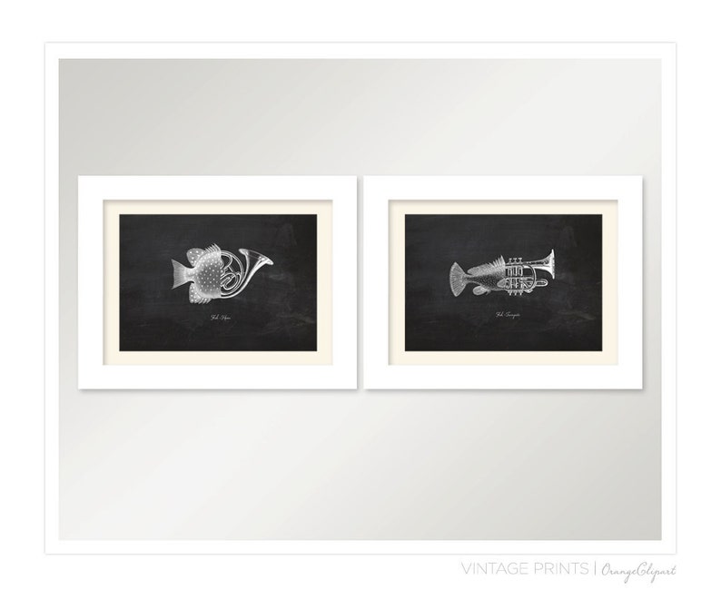Vintage Fish Trumpet on Chalkboard Print 8x10 P128 Etsy