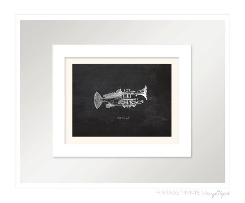 Vintage Fish Trumpet on Chalkboard Print 8x10 P128 Etsy