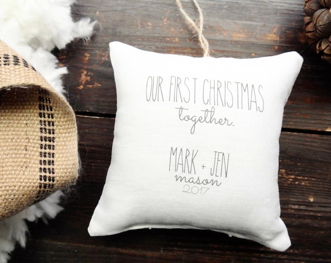 Our First Christmas Ornament, Personalized Christmas ornament, Custom First Christmas ornament, Rustic Christmas, Linen Pillow ornament