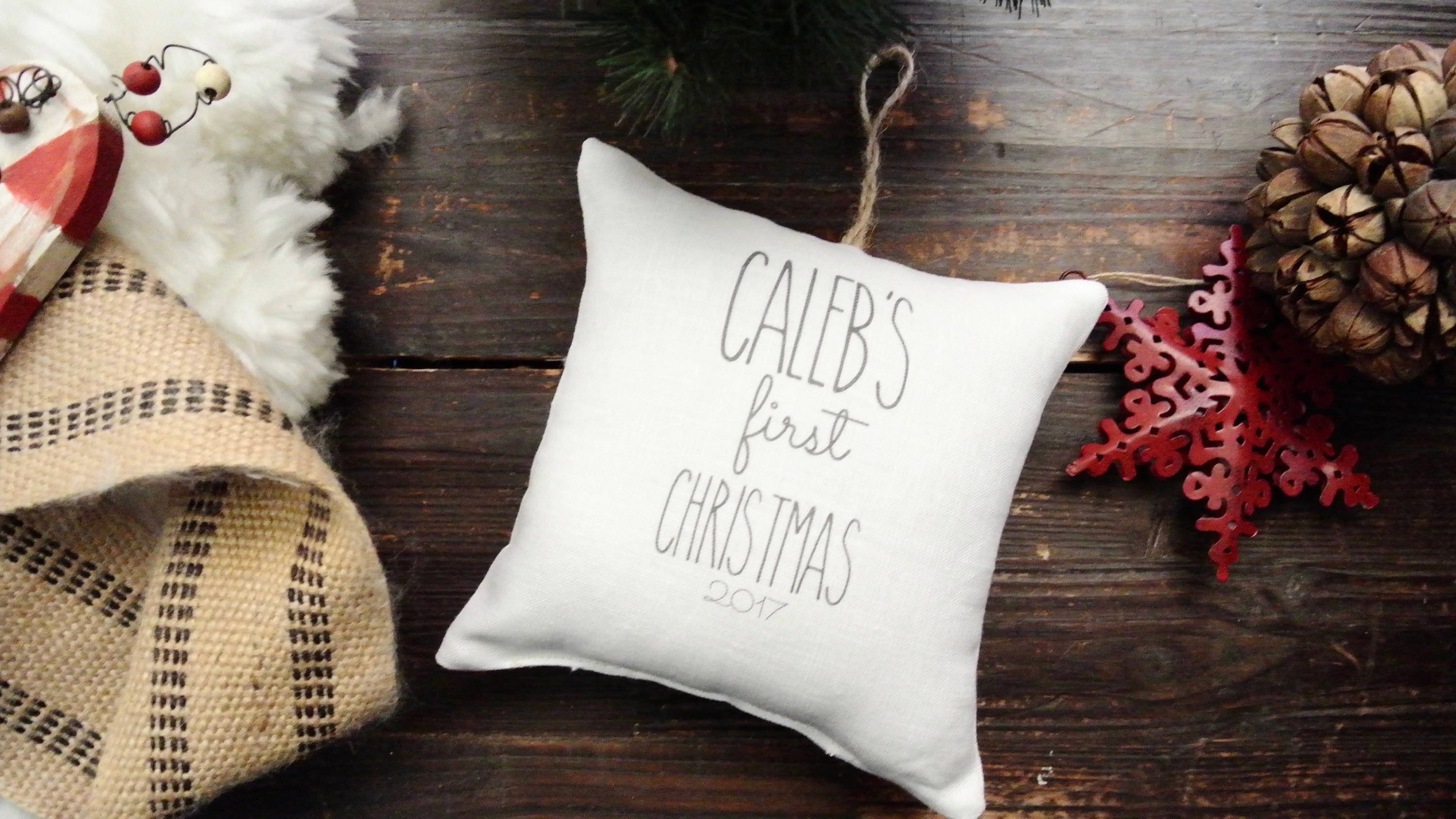 Custom First Christmas ornament Rustic Christmas Linen Pillow First Christmas in this house Ornament Personalized Christmas ornament
