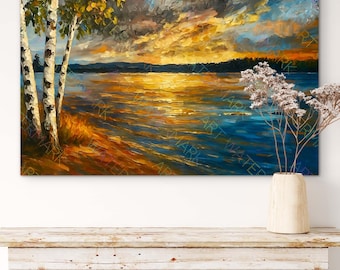 Lakeside Sunset with Birch Trees Canvas | Landscape Wall Art | Cabin & Lake House Decor