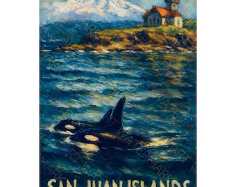 San Juan Islands Orcas & Lighthouse Canvas | PNW Coastal Wall Art | Washington Nautical Print | Mount Baker