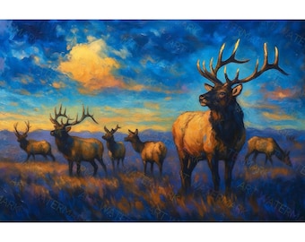 Montana Plains Sunrise on the Elk Painting on Canvas | Rustic Wildlife Wall Decor | Western Nature Print | Exclusive Art Piece