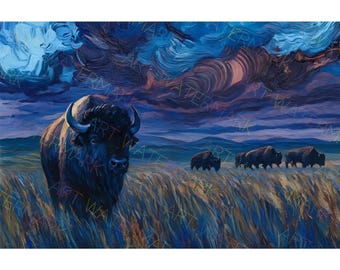 Buffalo on Stormy Plains Painting on Canvas | Wildlife Wall Decor | Western Nature Picture | Exclusive Art Piece