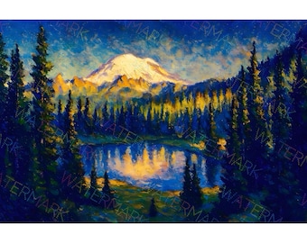Mt. Rainier Canvas Wall Art | Reflecting Lake & Forest Painting | Mountain Landscape Nature Print | Pacific Northwest Home Decor
