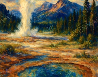 Yellowstone Landscape Canvas | Mountain and Geyser Wall Art | Nature Home Decor