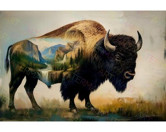 Buffalo with Painting of Yellowstone on Canvas | Rustic Wildlife Wall Decor | Western Nature Print | Exclusive Art Piece Bison