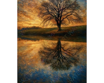 Reflection Painting on Canvas | Tree Sunset Pond Wall Art | Tranquil Landscape Home Decor | Nature Artwork