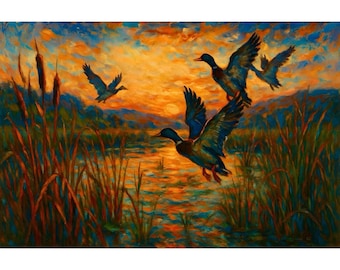Ducks Taking Flight Canvas Art | Pond Sunset Wildlife Painting | Rustic Cabin Wall Decor | Ducks Over Cattails Nature Artwork