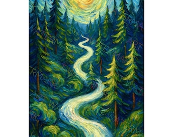 Forest River Valley Canvas | Abstract Trees & River Wall Art | Nature Sun Landscape Print