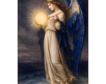 Angel Holding the Sun Over Ocean Canvas | Spiritual Beach Wall Art | Serene Angelic Painting