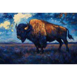 Sunrise on the Bison Painting on Canvas | Rustic Wildlife Wall Decor | Western Nature Print | Exclusive Art Piece