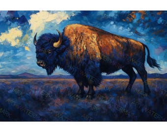 Sunrise on the Bison Painting on Canvas | Rustic Wildlife Wall Decor | Western Nature Print | Exclusive Art Piece