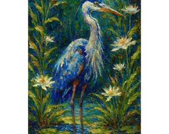 Great Blue Heron Canvas | Pond Nature Wall Art | Bird Painting | Wildlife Home Decor