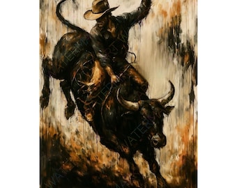 Western Cowboy Bull Ride Painting | Rustic Rodeo Wall Art | Western Print | Cowboy on Bull Canvas Art | Cowboy Decor
