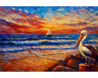 Beach Sunset with Pelican Painting on Canvas | Ocean Sailboat Wall Art | Coastal Beach House Décor | Seaside Wall Print