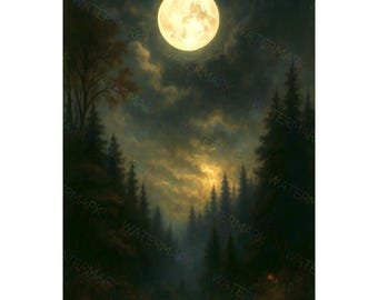 Moonlit Forest Canvas | Night Sky Woodland Wall Art | Serene Nature Print | Mystical Landscape Artwork for Home