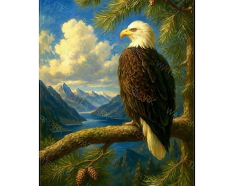 Bald Eagle Canvas Wall Art | Eagle on Pine Branch Over Lake & Mountains | Wildlife Nature Print | Rustic Cabin Home Artwork