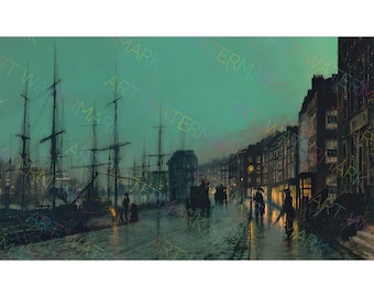 City Painting Along the River | Moody Port City Wall Art | Grimshaw Style Maritime Print | John Atkinson Grimshaw Impressionist Painting