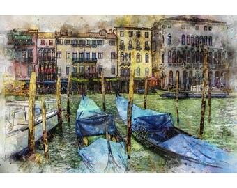 Boats in Venice Canvas Art | Watercolor Venice Print | Italy Wall Decor | Romantic Home Art