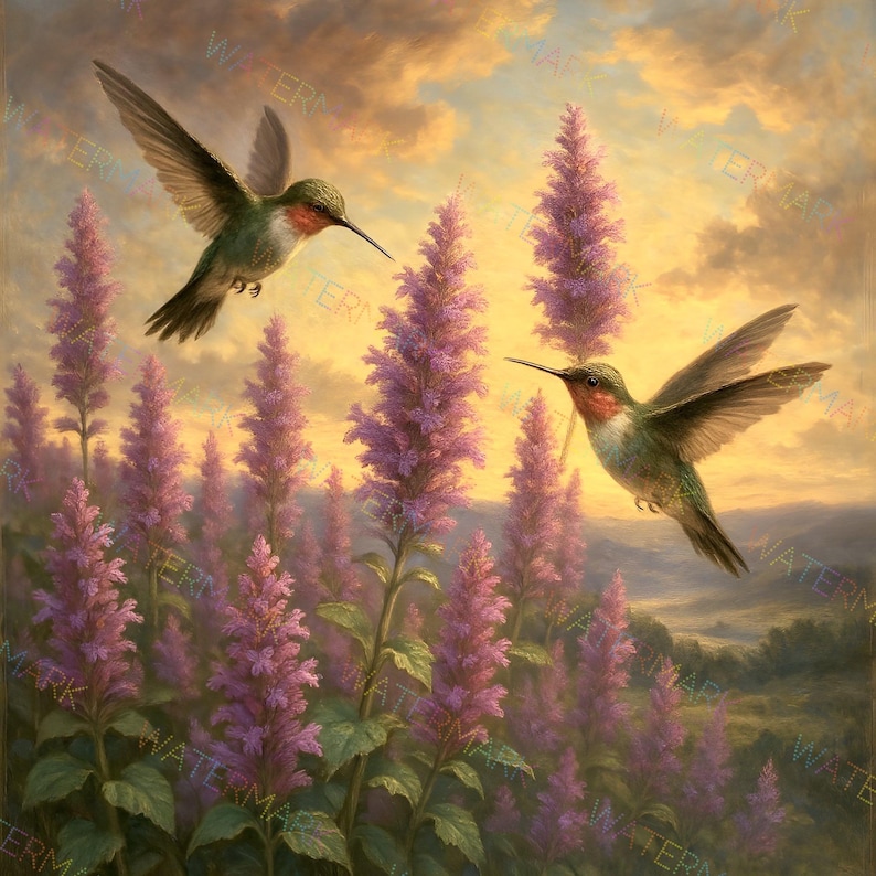 Hummingbirds & Agastache Canvas | Colorful Garden Bird Art | Nature ...