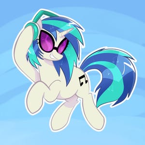 May include: A cartoon image of a white pony with blue and teal hair and tail, wearing purple sunglasses and teal headphones. A black musical note is on the pony's flank. The background is light blue.