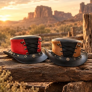 May include: Two top hats featuring black brims and crowns with side panels in red and tan respectively. Each hat includes a black lace-up corset detail on the side, metallic eyelets, and decorative studs along the base of the crown.